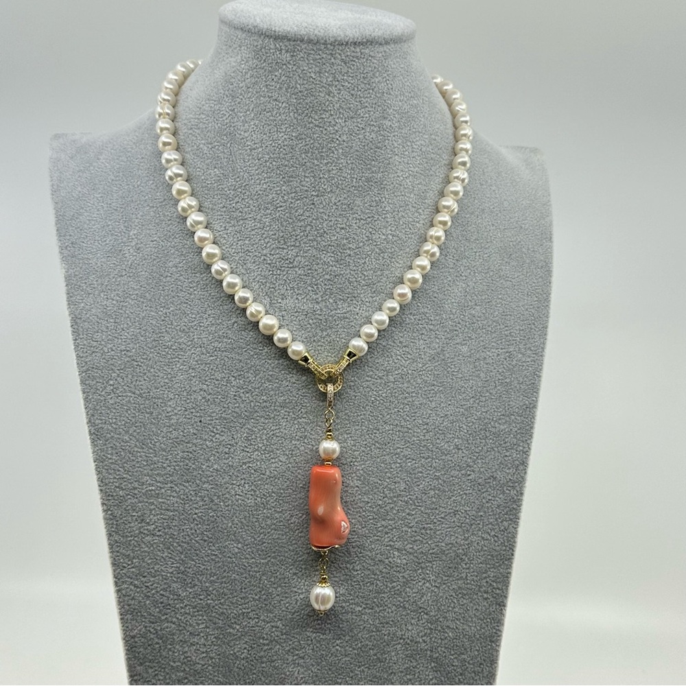 Pearl Necklace with Coral Detachable Pendant Transformer New